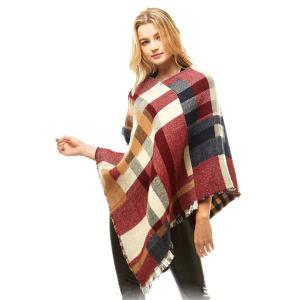 3640 - Cozy Plaid Ponchos  902 - Burgundy Multi - One Size Fits Most