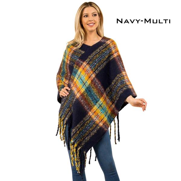 wholesale Plaid Nubby Ponchos - 10406 / 3125  3125 - Navy-Multi - One Size Fits Most