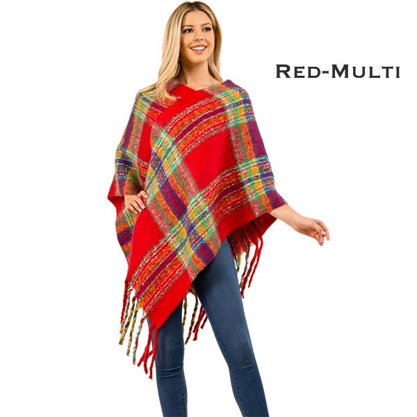 wholesale Plaid Nubby Ponchos - 10406 / 3125  3125 - Red-Multi - One Size Fits Most