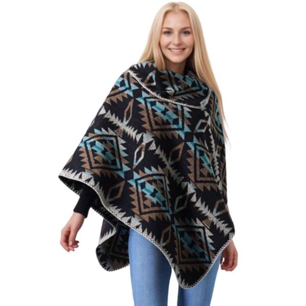 wholesale 3722 - Western Design Ponchos +++ 10291 - Black Multi<br>
Western Pattern Poncho - One Size Fits Most