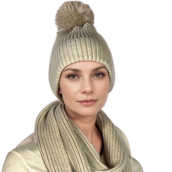 wholesale 3744 - Hand Made Knitted Scarves / Hats Beige/Latte<br>
Knitted Hat with Pom  - 