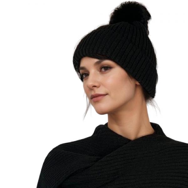 wholesale 3744 - Hand Made Knitted Scarves / Hats Black<br>
Knitted Hat with Pom  - 