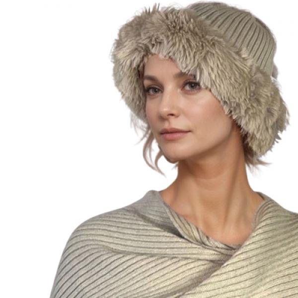 wholesale 3744 - Hand Made Knitted Scarves / Hats Beige/Latte<br>
Knitted Hat with Fur Trim  - 