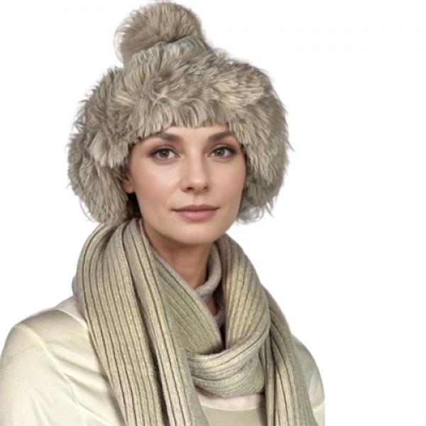 wholesale 3744 - Hand Made Knitted Scarves / Hats Beige/Latte<br>
Knitted Hat with Fur Trim and Pom - 