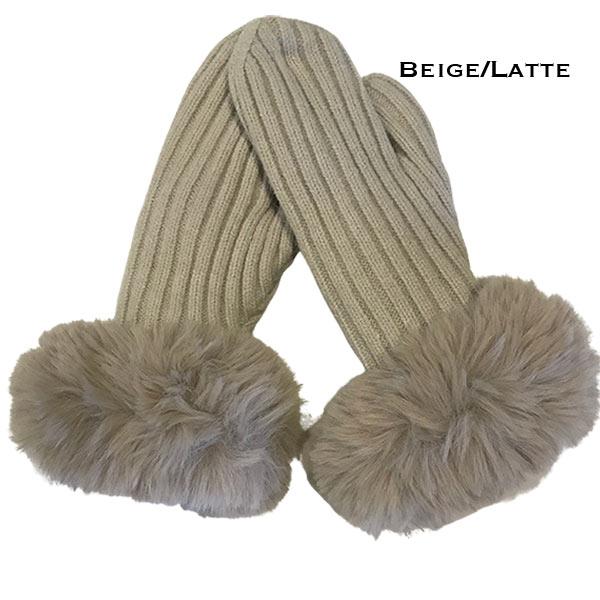 wholesale 3744 - Hand Made Knitted Scarves / Hats Beige/Latte<br>
Mittens with Fur Trim - 