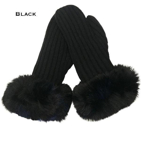 wholesale 3744 - Hand Made Knitted Scarves / Hats Black<br>
Mittens with Fur Trim - 