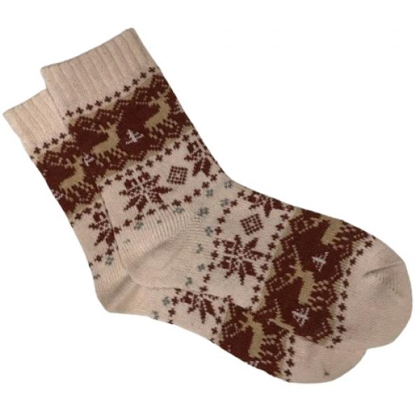 wholesale 3748 - Crew Socks Reindeers and Snowflakes - Beige Multi - Woman's 6-10