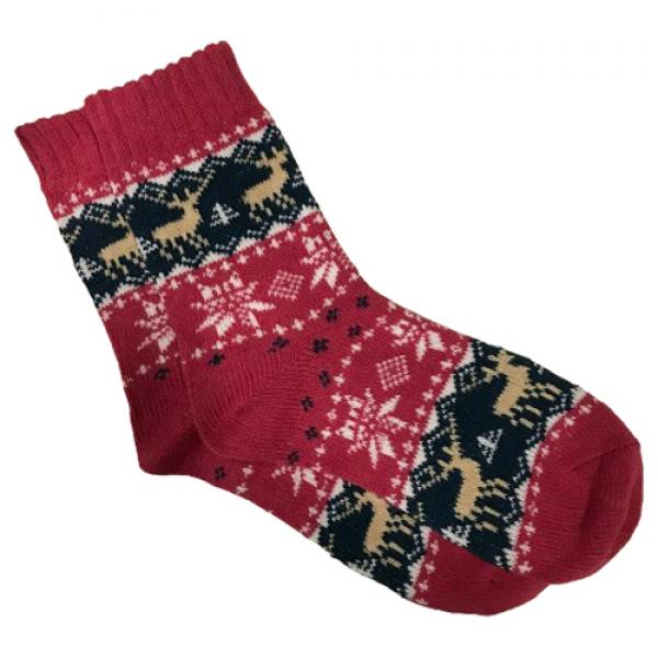 wholesale 3748 - Crew Socks Reindeer and Snowflakes - Fuchsia Multi - Woman's 6-10