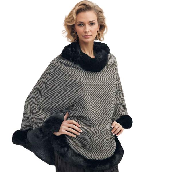 3759 - Fur Trimmed Ponchos 2023 LC12 - Herringbone Poncho w/ Black Fur - One Size Fits Most