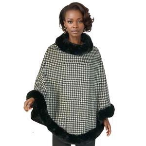 3759 - Fur Trimmed Ponchos 2023 LC12 - Houndstooth Poncho w/ Black Fur - One Size Fits Most