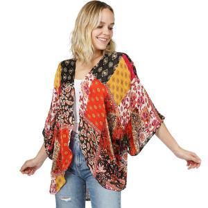 10553 - Silky Patchwork Print Kimono Black/Red Multi - 