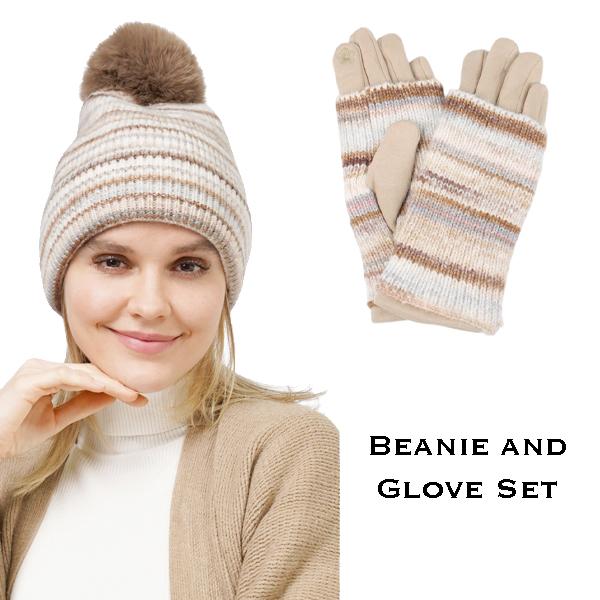 3808 - Striped Knit Beanies & Overlay Gloves 10687 - Taupe Multi Set<br>
Striped Beanie with Gloves

 - One Size Fits All