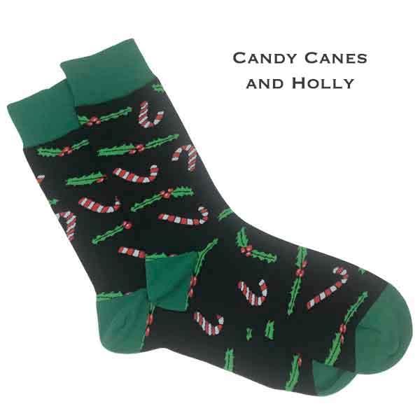 wholesale 984 - Christmas Print Crew Socks Candy Canes and Holly - Black Multi - Woman's 6-10