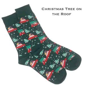 984 - Christmas Print Crew Socks Christmas Tree on the Roof - Red/Green - Woman's 6-10