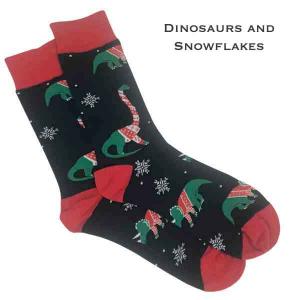 984 - Christmas Print Crew Socks Dinosaurs and Snowflakes - Woman's 6-10