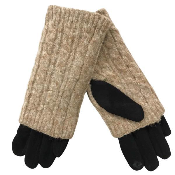 wholesale 3033 - Cable  Knit Layered Gloves 3033 - Beige over Black Overlay Gloves - One Size Fits Most