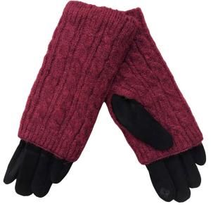 3033 - Cable  Knit Layered Gloves 3033 - Burgundy over Black Overlay Gloves - One Size Fits Most