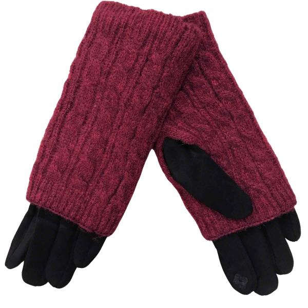 wholesale 3033 - Cable  Knit Layered Gloves 3033 - Burgundy over Black Overlay Gloves - One Size Fits Most