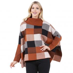 4318 - Checker Design Poncho with Sleeves 4318 - Brown Multi - One Size Fits Most