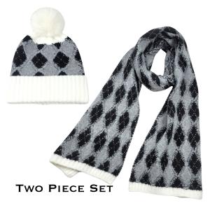 Wholesale 3888 - Cashmere Feel Hat and Scarf Sets 4044 - White Border<br>
Argyle Print
 - One Size Hat/12