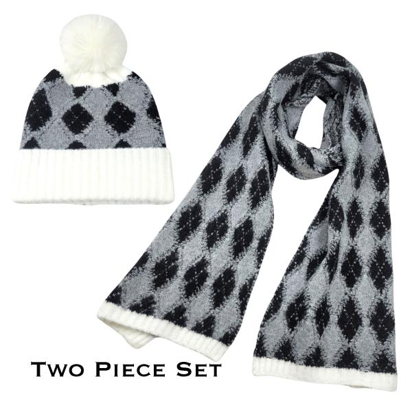 wholesale 3888 - Cashmere Feel Hat and Scarf Sets 4044 - White Border<br>
Argyle Print
 - One Size Hat/12