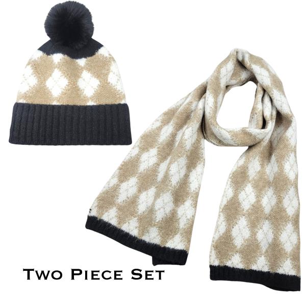 wholesale 3888 - Cashmere Feel Hat and Scarf Sets 4044 - Black Border<br>
Argyle Print
 - One Size Hat/12