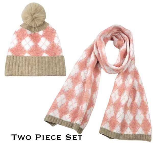 wholesale 3888 - Cashmere Feel Hat and Scarf Sets 4044 - Beige Border<br>
Argyle Print
 - One Size Hat/12