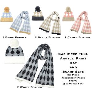 Wholesale 3888 - Cashmere Feel Hat and Scarf Sets 4044 - Argyle Print Hat/Scarf Sets<br>
Twelve Sets Assortment Pack - One Size Fits All