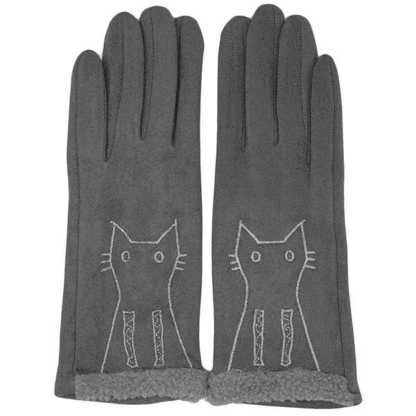 3897 - Cat Motif Gloves 1224 - Grey - 