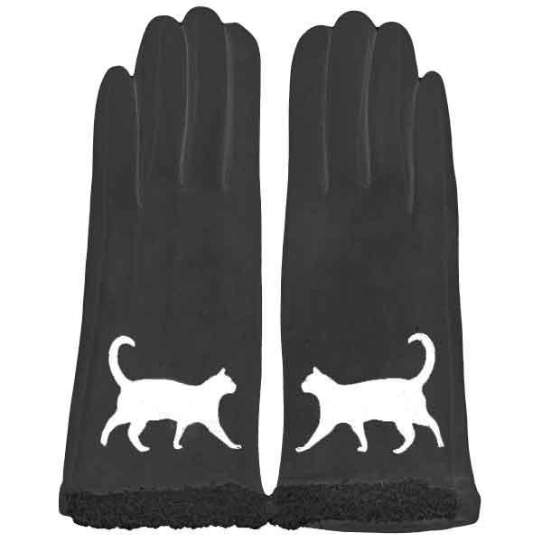 wholesale 3897 - Cat Motif Gloves 1225 - Black with White Cat - 