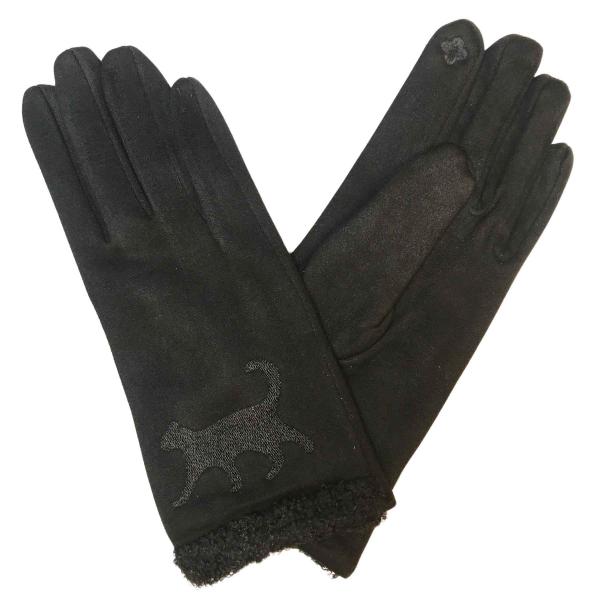 3897 - Cat Motif Gloves 1225 - Black with Black Cat - 