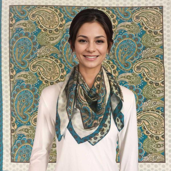 wholesale 3940 - Silky Squares  #01<br>
Teal/Beige Paisley - 