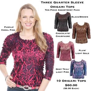 648 - Origami Three Quarter Sleeve Tops 648 - Origami Tops Three Quarter Sleeve<br>Ten Piece Assortment Pack - 10 Pack (S/M:5,L/XL:5)