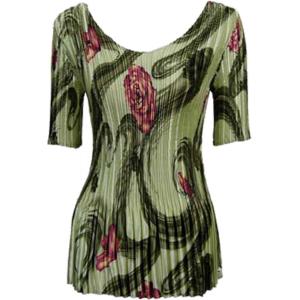 657 - Half Sleeve V-Neck Satin Mini Pleat Tops Multi Green Floral MB - One Size Fits Most