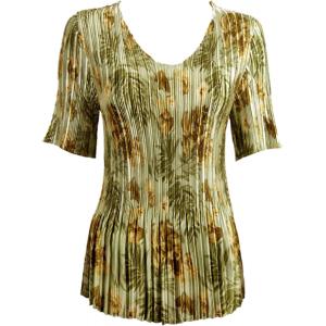 657 - Half Sleeve V-Neck Satin Mini Pleat Tops Gold-Sage Floral MB - One Size Fits Most