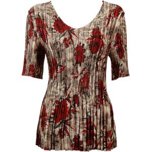 657 - Half Sleeve V-Neck Satin Mini Pleat Tops Crimson-Taupe Floral MB - One Size Fits Most