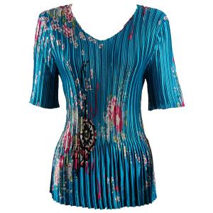 657 - Half Sleeve V-Neck Satin Mini Pleat Tops China Teal MB - One Size Fits Most