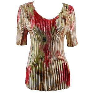 657 - Half Sleeve V-Neck Satin Mini Pleat Tops Red-Kiwi Floral on Ivory MB - One Size Fits Most