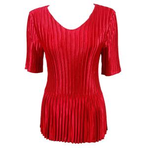 657 - Half Sleeve V-Neck Satin Mini Pleat Tops Solid Dark Red MB - One Size Fits Most