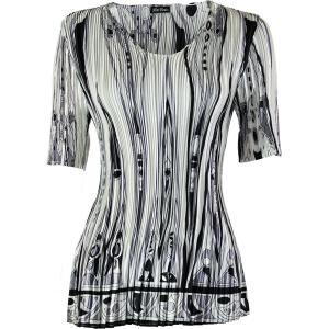 657 - Half Sleeve V-Neck Satin Mini Pleat Tops Abstract Shapes Black-White MB - One Size Fits Most