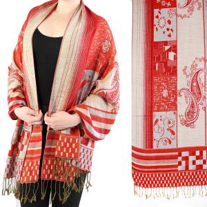 773 - Pashmina Style Shawls Medley Print - Red-Grey - 