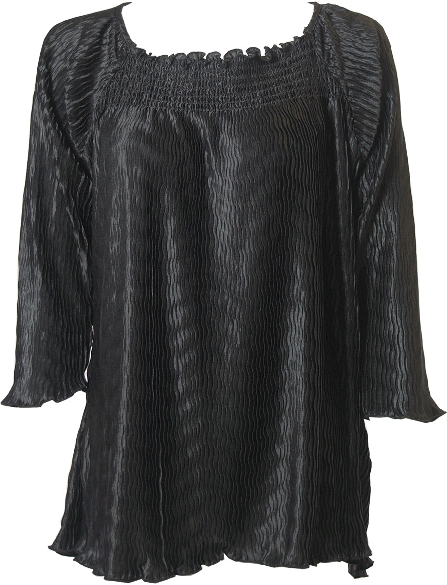 1591 - Wave Satin Mini Pleats - 3/4 Sleeve* Solid Black Wave Satin Mini Pleat - Three Quarter Sleeve - One Size Fits All