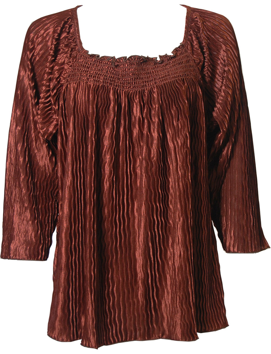 1591 - Wave Satin Mini Pleats - 3/4 Sleeve* Solid Brown Wave Satin Mini Pleat - Three Quarter Sleeve - One Size Fits All