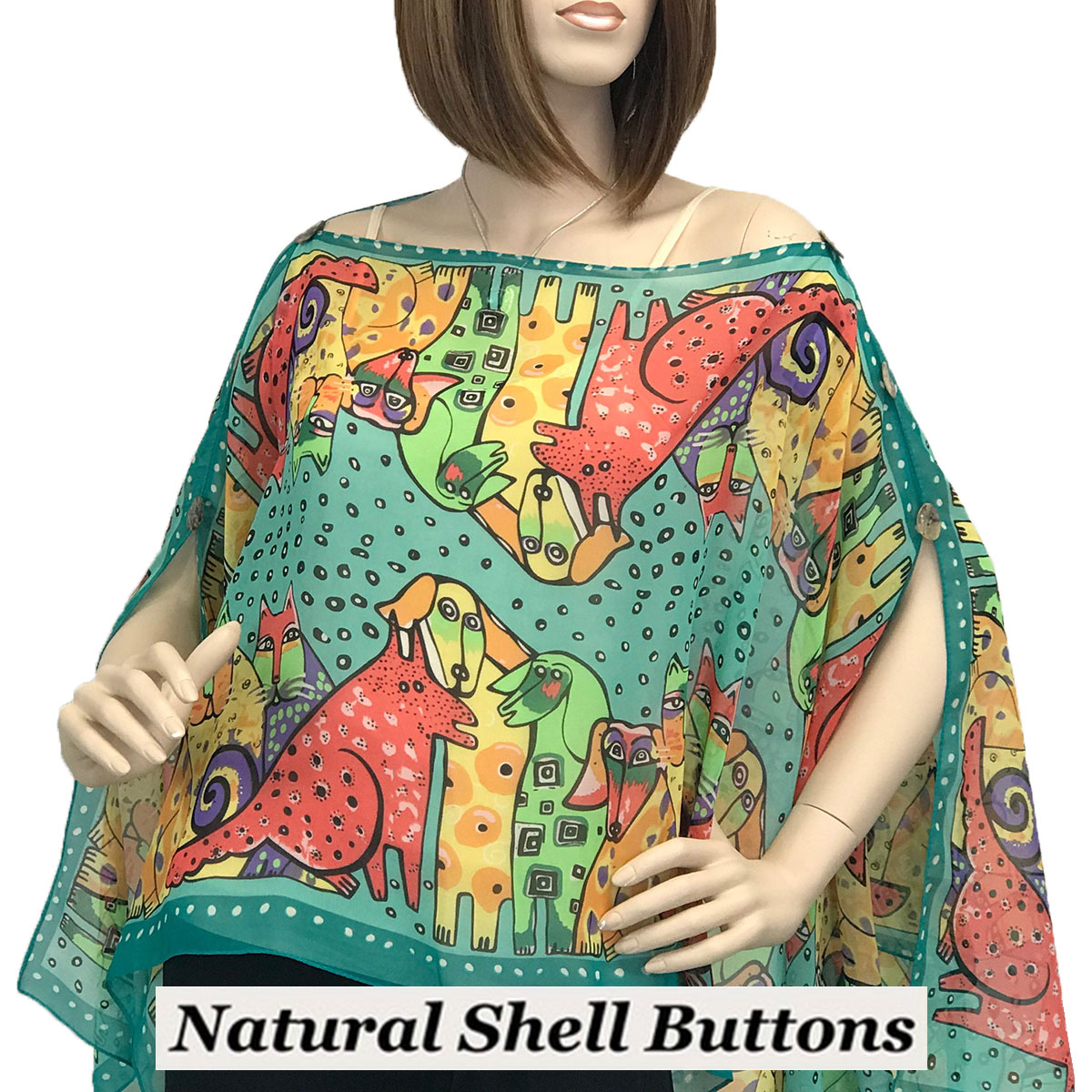 1799 - Silky Six Button Poncho/Cape 720 - Shell Buttons<br>
Teal (Cats and Dogs) - 