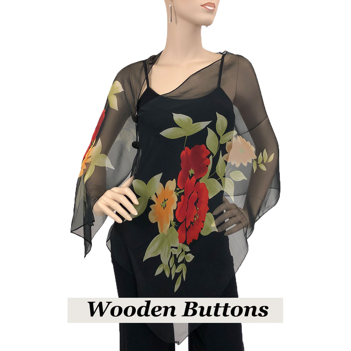 2451 - Silky Two Button Shawl  FL201 - Black Flower 2 <br>
Black Wooden Buttons - 