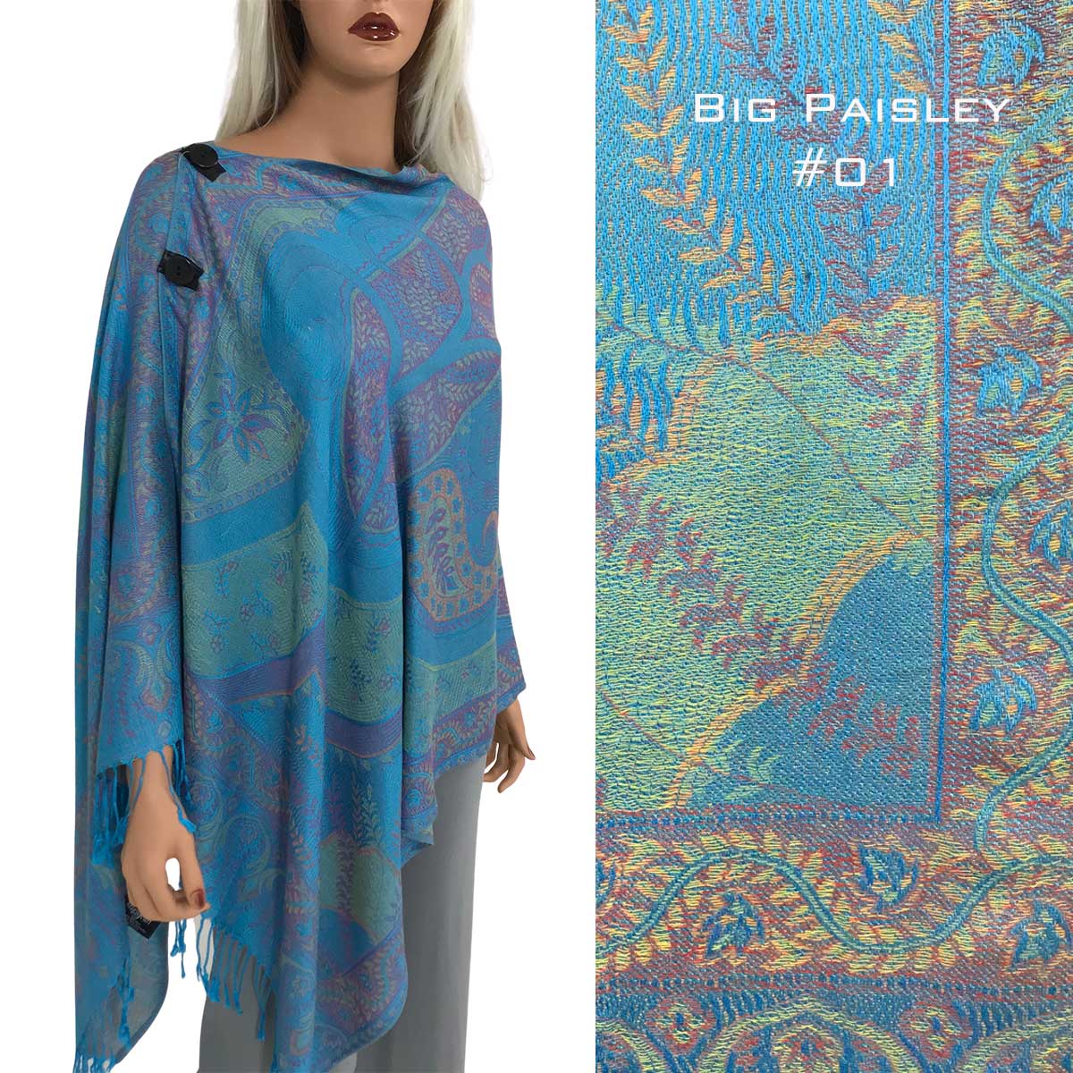 3109 - Pashmina Style Button Shawls (Prints) BIG PAISLEY #003 Pashmina Style Shawl with Buttons - 