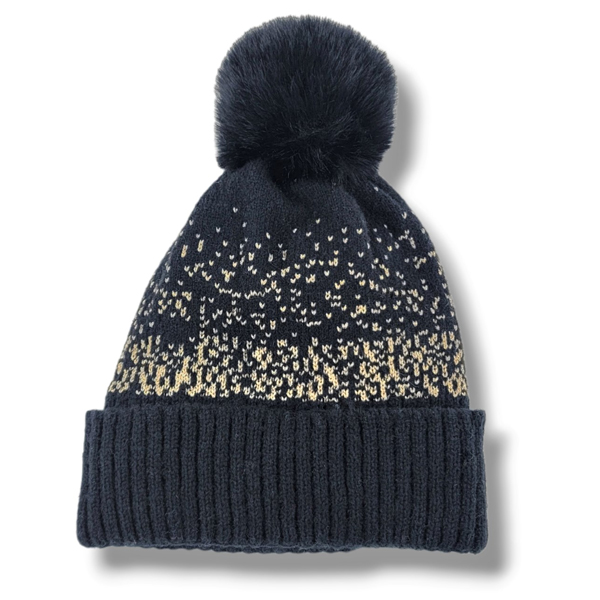 3114 - Winter Knit Hats 1019BK<br>Black Checkerboard with Ear Flap<br>
Pom Beanie/Fur Lining   - One Size Fits Most