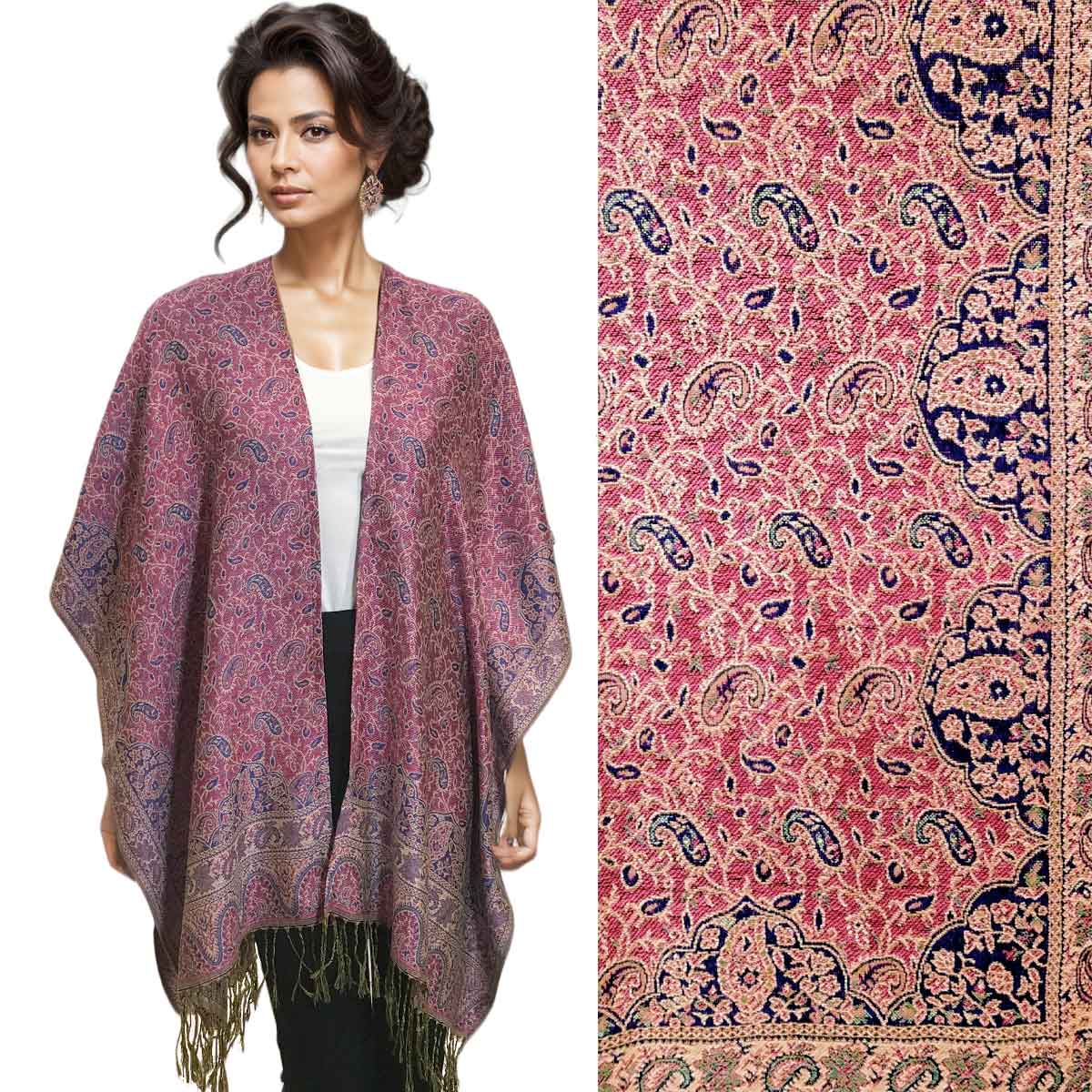 1C19 - Pashmina Style Ruana Capes 1C19 Fuchsia Paisley<br> Pashmina Style Ruana Cape - 