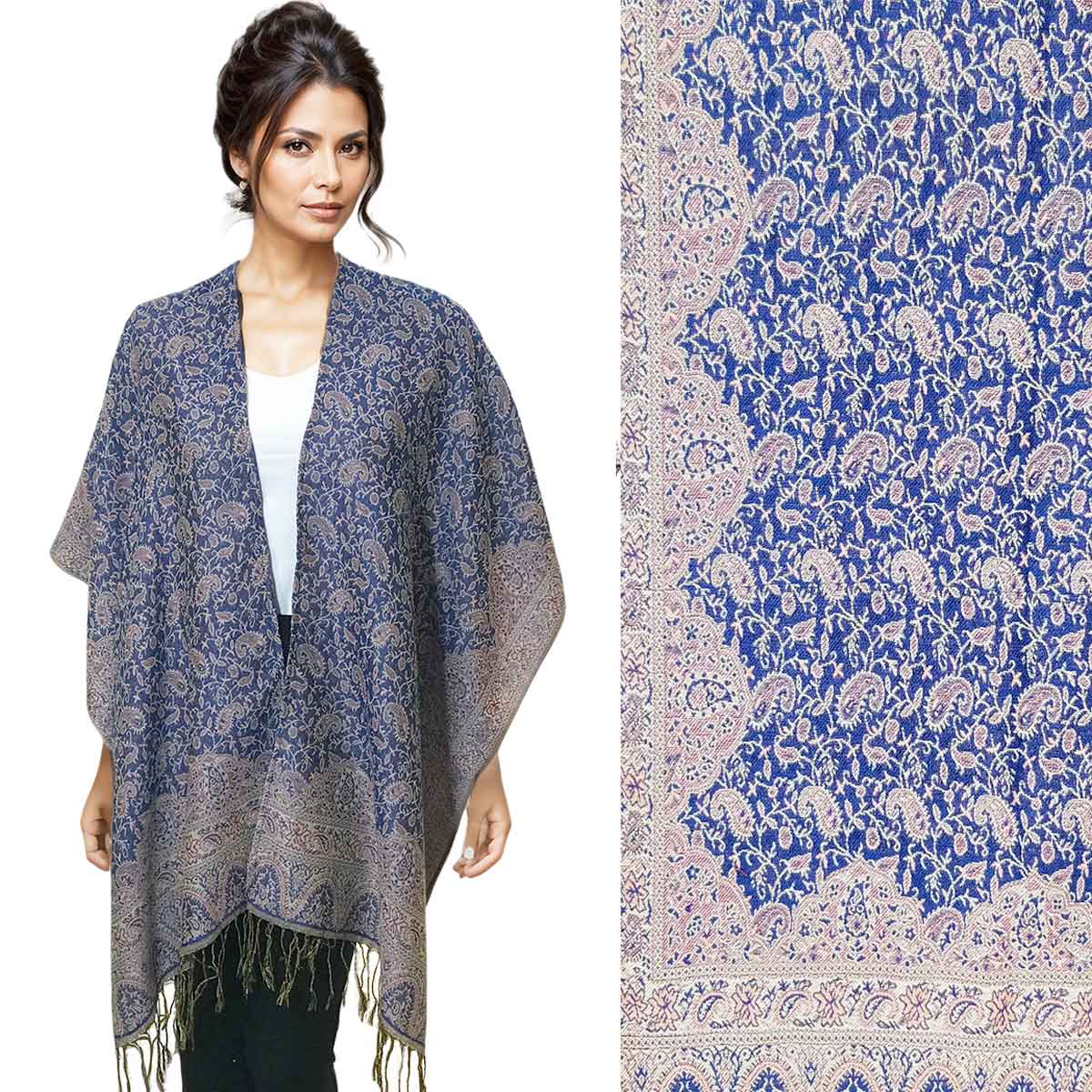 1C19 - Pashmina Style Ruana Capes 1C19 Blue Paisley<br> Pashmina Style Ruana Cape - 