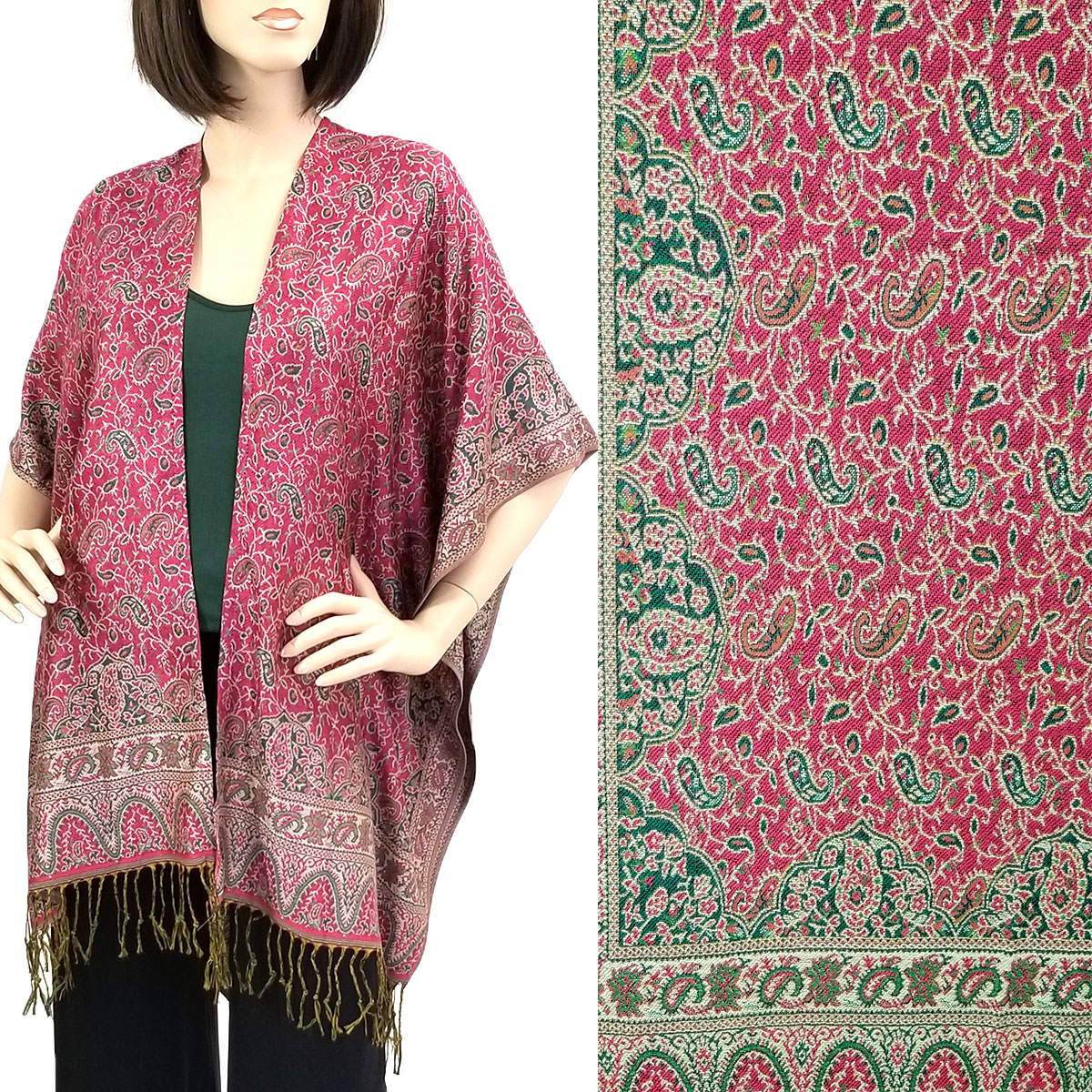 1C19 - Pashmina Style Ruana Capes 1C19 Pink Paisley<br> Pashmina Style Ruana Cape - 